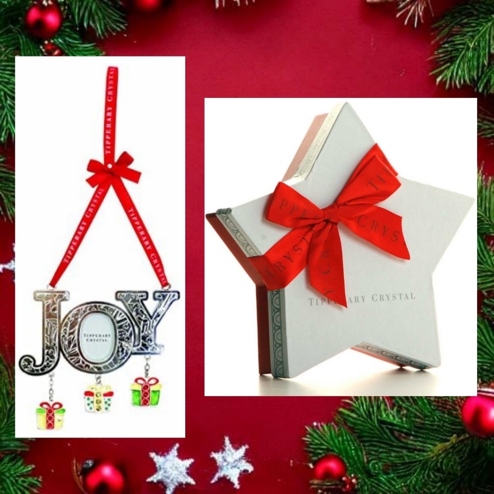 Tipperary Crystal 🎄 JOY Photo Frame Christmas Ornament w/ Hanging Gift Charms!
